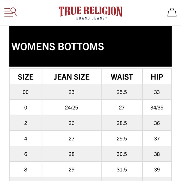TRUE RELIGION BECCA BOOTCUT JEAN (SIZE:28) PLEASE VIEW SIZE CHART ATTACHED - Picture 6 of 6
